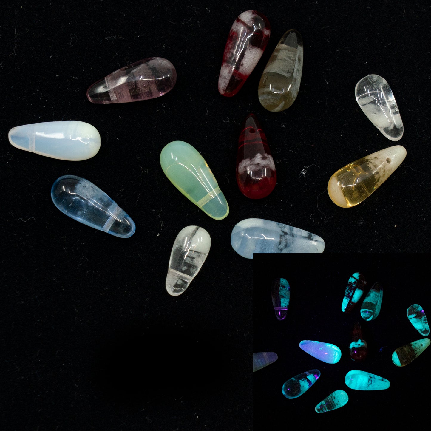 OUTLET 10 grams Drop Beads, 17 x 8 mm, Mixed Colors Glow Stripes (mix-88035), Glass, Czech Republic