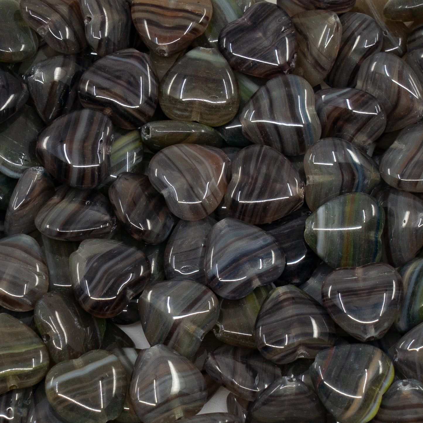 アウトレット 250g/50g ハートビーズ、10x10 mm、ストライプグレー、ガラス、チェコ共和国