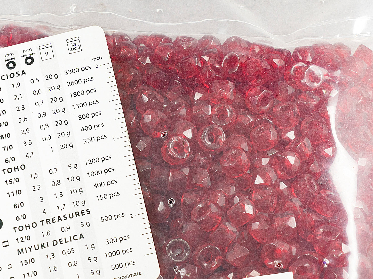 OUTLET 250g Faceted Fire Polished Pony Bagel Beads Pony Bagel, 9 x 6 mm, Ruby Red (90080), Glass, Czech Republic