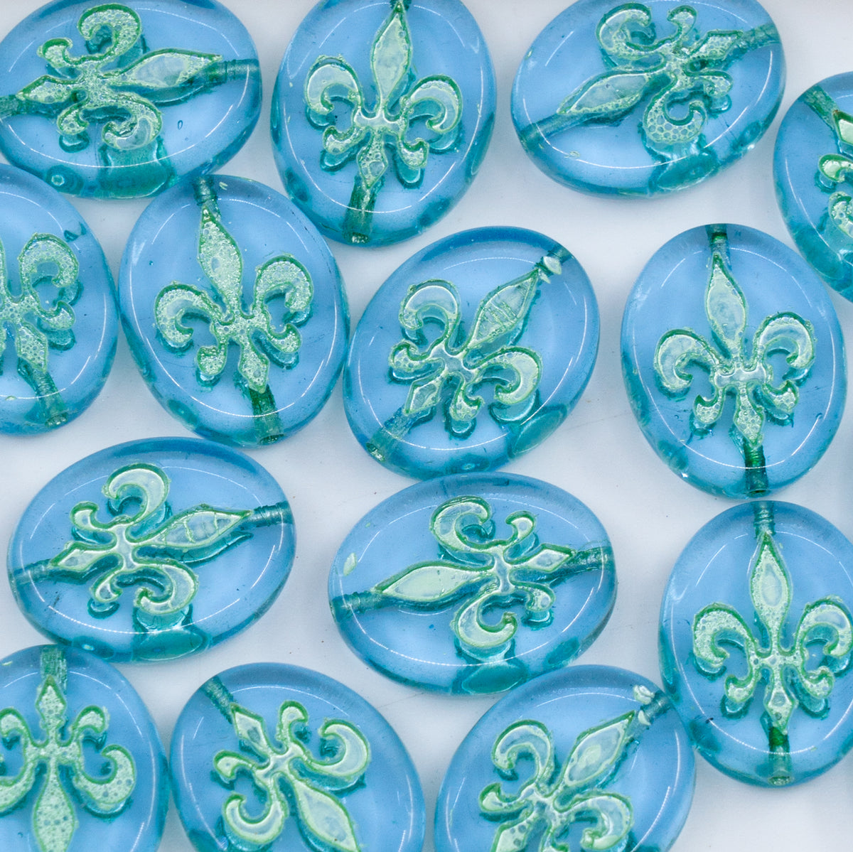 OUTLET 250g/50g Royal Lily Pressed Oval Beads, 17 x 13 mm, Transparent Blue Green Lined (30020-54322), Glass, Czech Republic