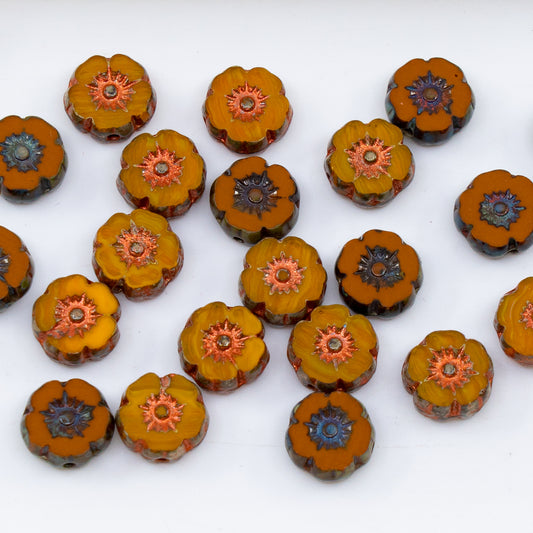 OUTLET 10 grams Table Cut Hawaii Flower Beads, 8 x 8 mm, Brown Mixed Colors (brown-mix), Glass, Czech Republic