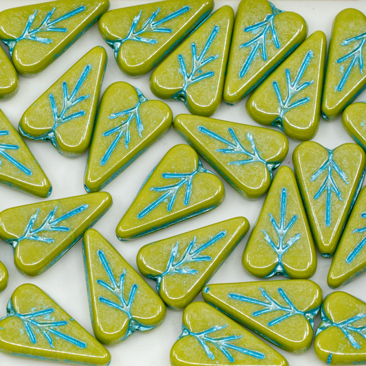 OUTLET 250g Heart Leaf Bead, 16 x 11 mm, Opaque Green Hematite Blue Lined (53400-14400-54323), Glass, Czech Republic