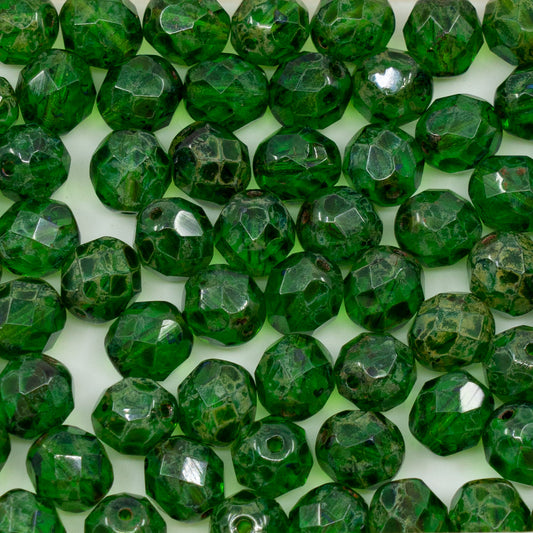 アウトレット 250g ファセットラウンドファイアポリッシュビーズ、8 x 8 mm、エメラルドグリーントラバーチン（50120-86800）、ガラス、チェコ共和国