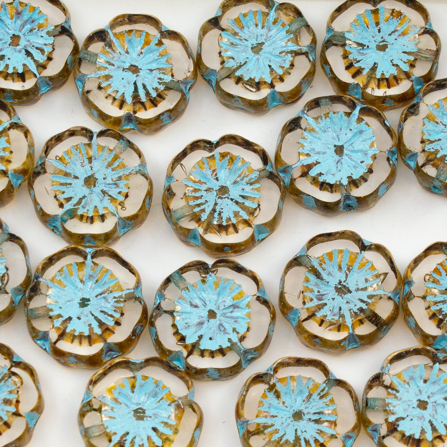 OUTLET 50 grams Table Cut Hawaii Flower Beads, 14 x 14 mm, Crystal Travertin Light Blue Lined (00030-86800-54308), Glass, Czech Republic