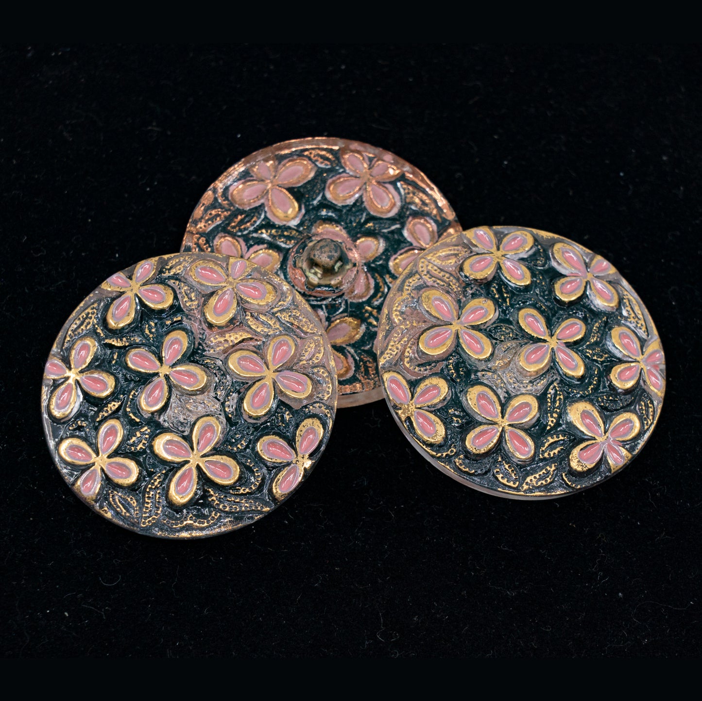 OUTLET 1 pcs Czech Glass Handmade Button, s14 x 32 mm, Flowers Pink Gold (flowers-pink-gold), Glass, Czech Republic