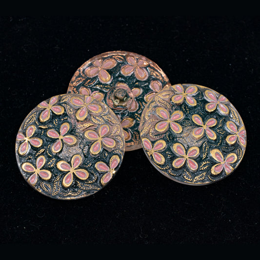 OUTLET 1 pcs Czech Glass Handmade Button, s14 x 32 mm, Flowers Pink Gold (flowers-pink-gold), Glass, Czech Republic