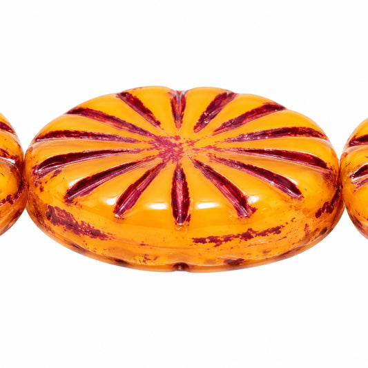 Flat Oval Pressed Glass Beads With Rays, Orange Pink Lined (81240-54321), Glass, Czech Republic