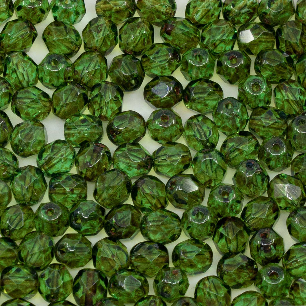 OUTLET 10 grams Faceted Round Fire Polished Beads, 6 x 6 mm, Transparent Green Emerald Travertin (50700-86800), Glass, Czech Republic