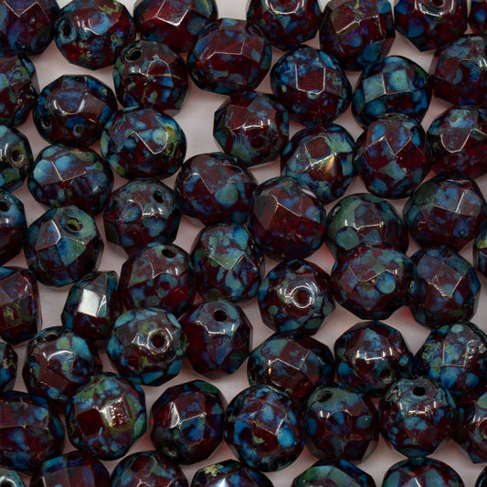OUTLET 250g Faceted Round Fire Polished Beads, 8 x 8 mm, Ruby Red Travertin B (90080-86800-B), Glass, Czech Republic