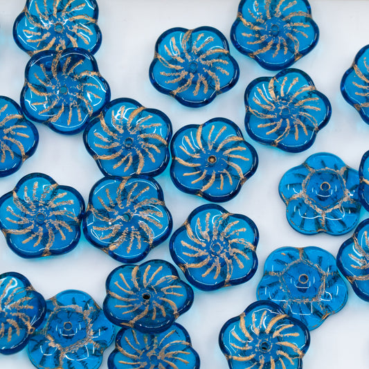 OUTLET 250g/50g Flat Flower Beads, 12 x 12 mm, Cobalt Blue Gold Lined (60070-54302), Glass, Czech Republic