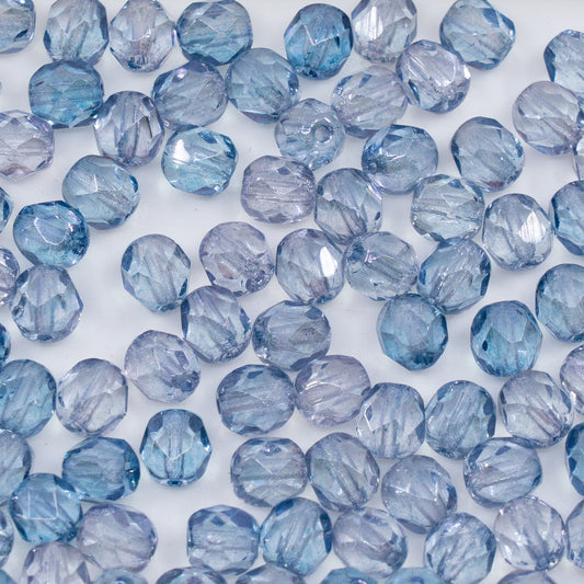 OUTLET 250g/50g Faceted Round Fire Polished Beads, 6 x 6 mm, Crystal Luster Blue Full Coated (00030-14464), Glass, Czech Republic