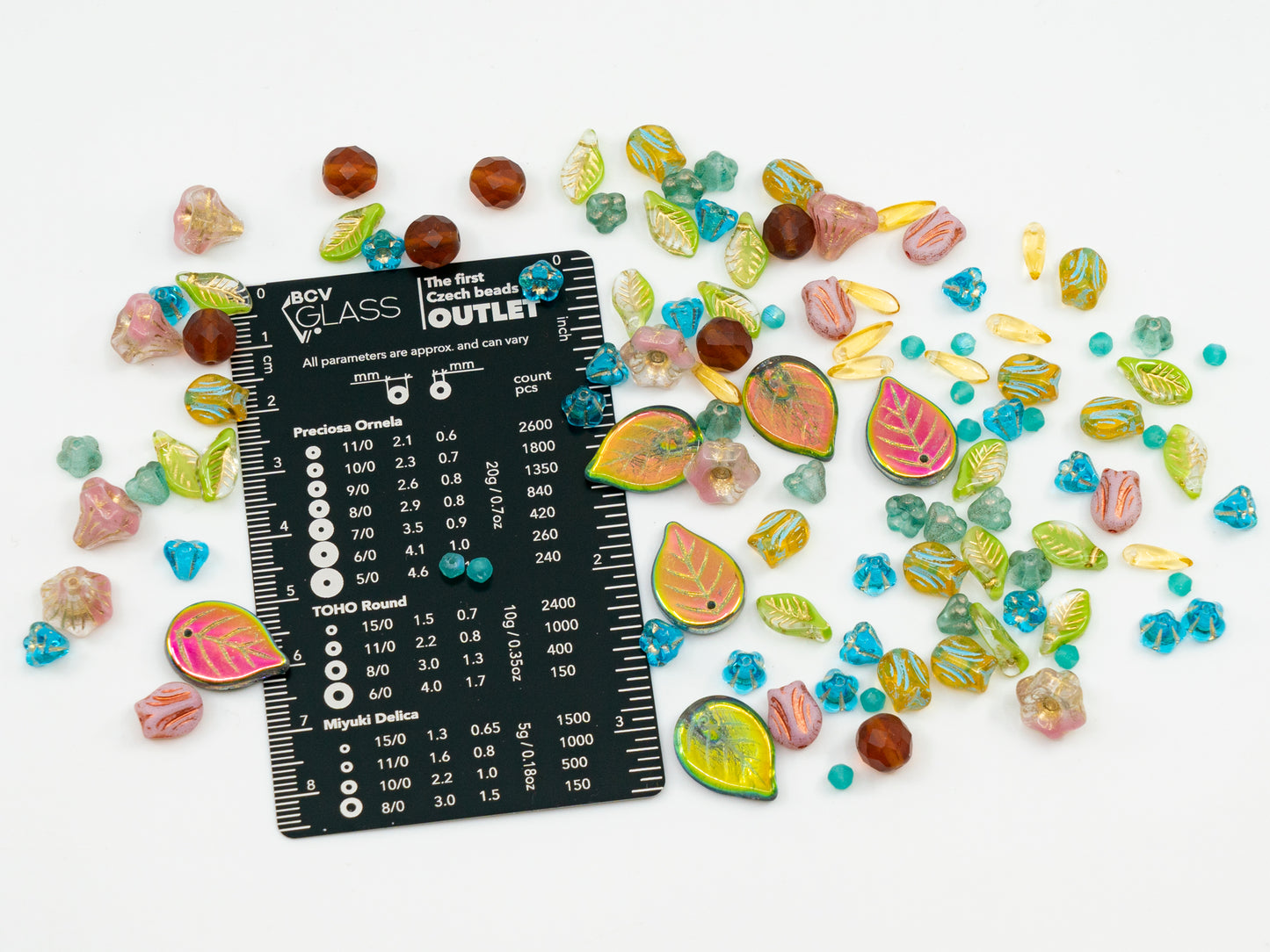 LIMITED Mix of Czech Glass Beads, Hand Made Set Kit, Apple Leaf Beads Bell Flower Blue Beads and Pink Tulip Beads