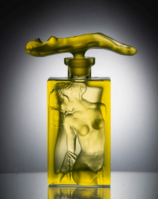 Nude Perfume Bottle with Reclining Woman Stopper – Uranium Art Glass, Czech Republic, OUTLET