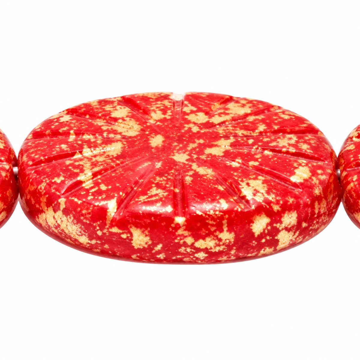 Flat Oval Pressed Glass Beads With Rays, Opaque Red 47901 (93200-47901), Glass, Czech Republic