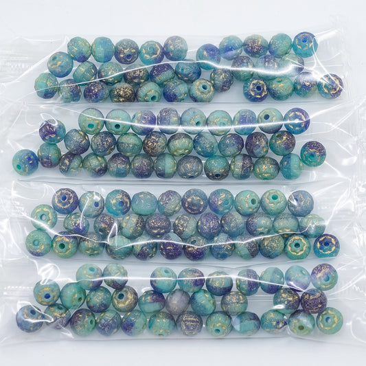 OUTLET 10 grams Cathedral Pressed Beads, 6 x 7 mm, Turquoise Blue Etched Gold Lined (r0004-etch-54302), Glass, Czech Republic