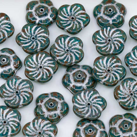 OUTLET 250g/50g Flat Flower Beads, 12 x 12 mm, Cobalt Blue Travertin Silver Lined (60070-86800-54201), Glass, Czech Republic