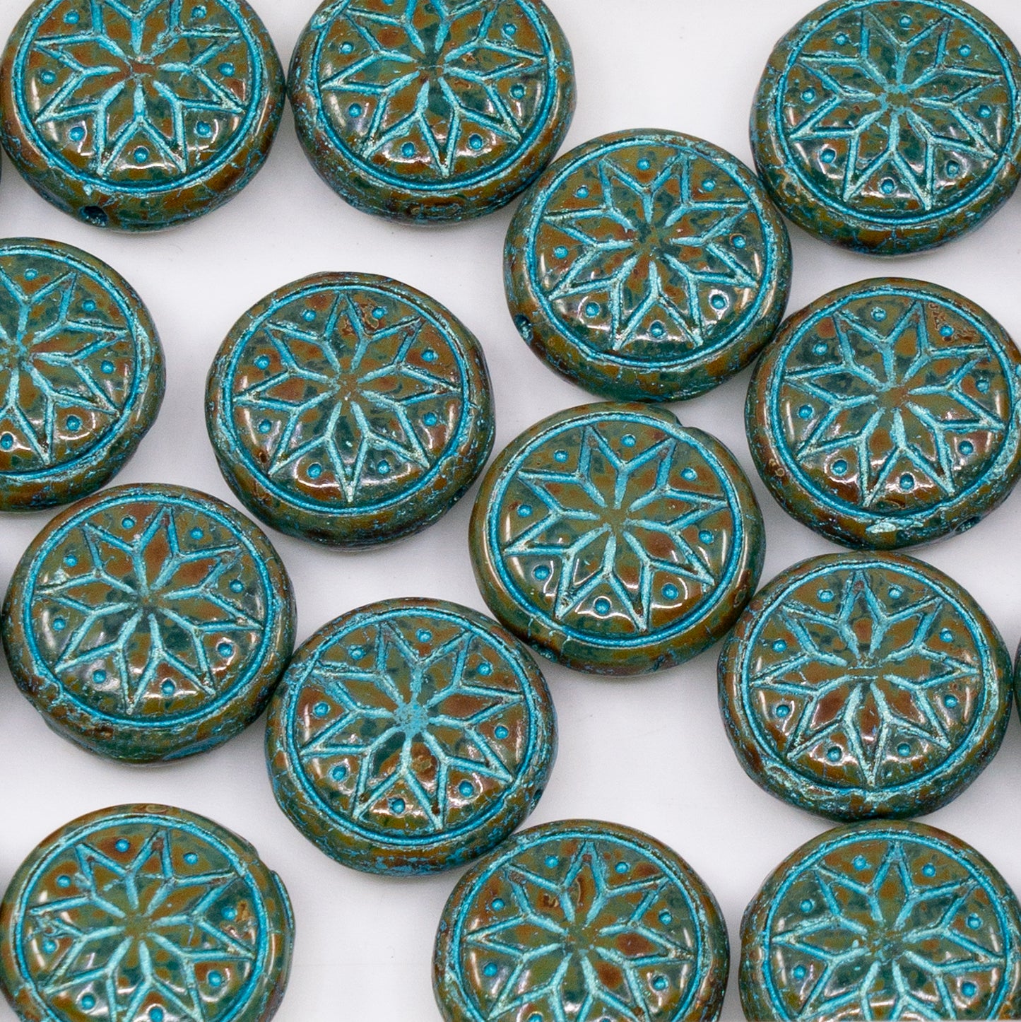OUTLET 50 grams Pressed Round Beads with Star Ornament, 13 x 13 mm, Transparent Aqua Travertin Light Blue Lined (60010-86800-43811), Glass, Czech Republic