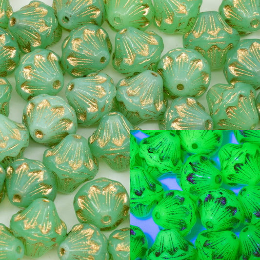 OUTLET 10 grams Lantern Pressed Glass Beads, 11 x 11 mm, Opaque Green Gold Lined (53100-54202), Glass, Czech Republic