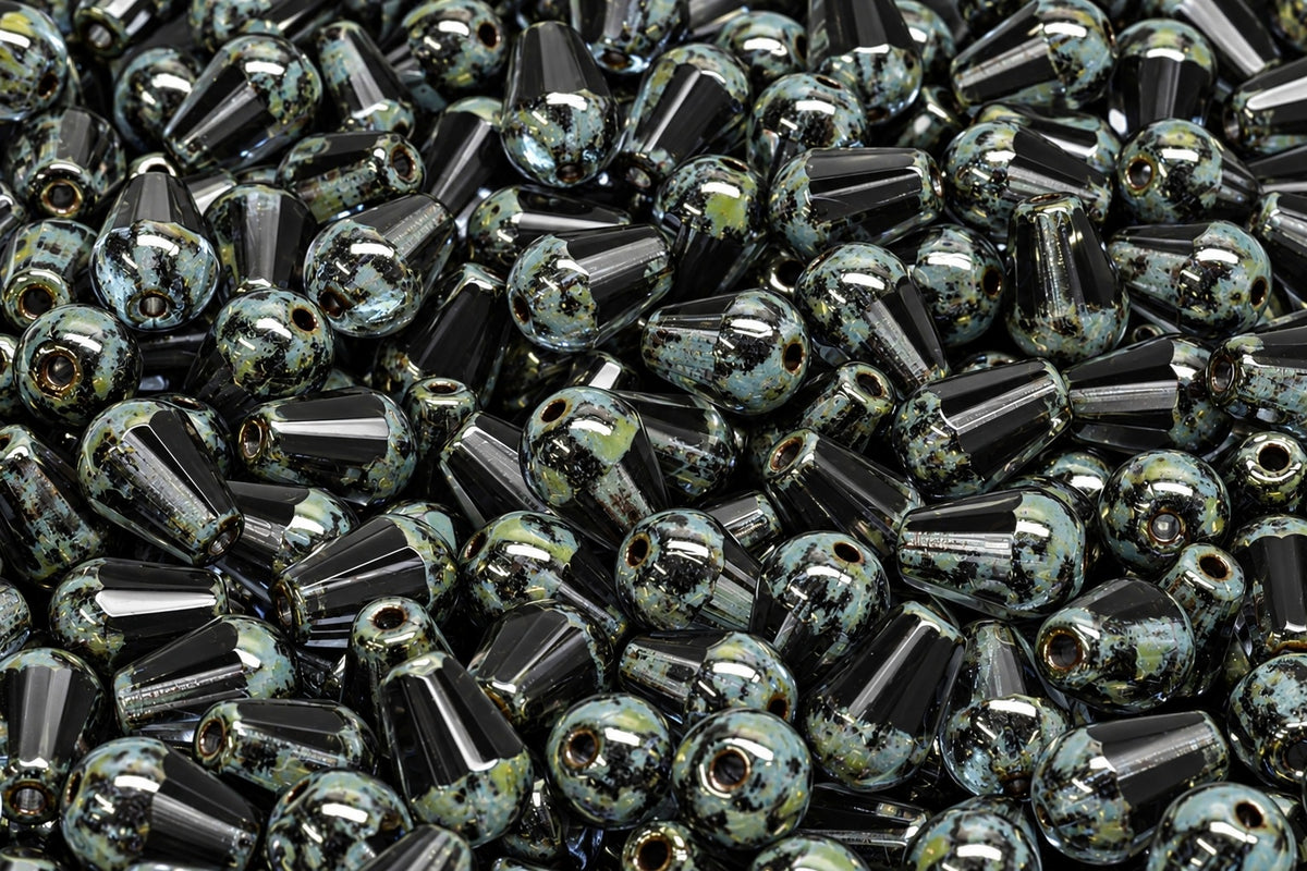 Faceted Fire Polished Teardrop Beads, Black Travertin (23980-86800), Glass, Czech Republic