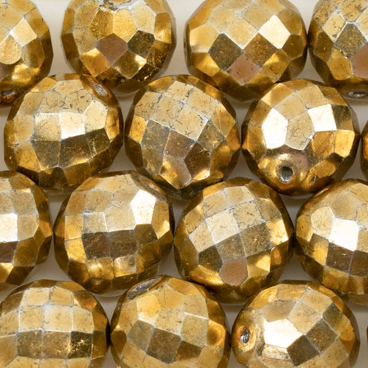 アウトレット 10グラム ファセットラウンドファイアポリッシュビーズ、16 x 16 mm、クリスタルゴールド（00030-26443）、ガラス、チェコ共和国