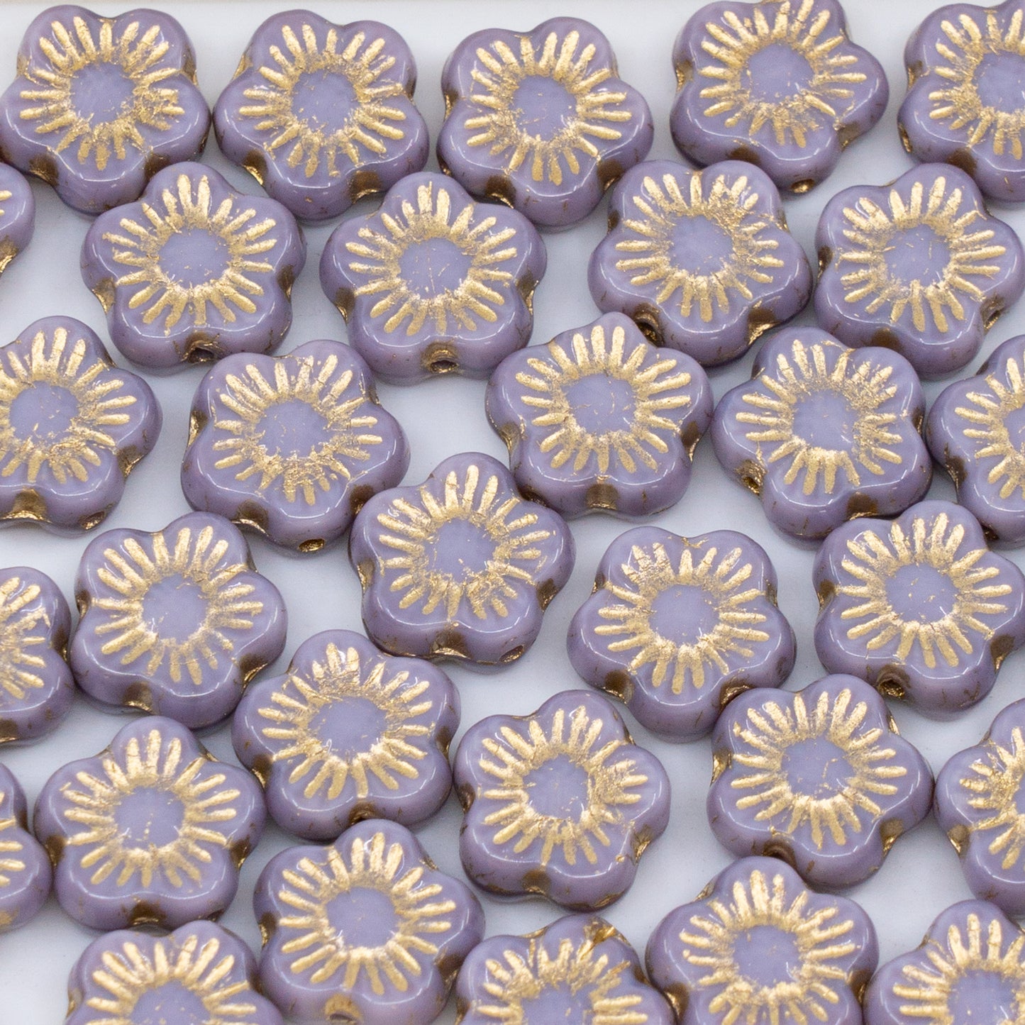 OUTLET 250g/50g Sunset Flower Beads, 10 x 10 mm, Silk Lavender Gold Lined (24010-54302), Glass, Czech Republic