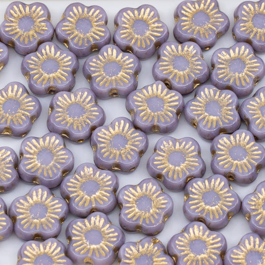 OUTLET 250g/50g Sunset Flower Beads, 10 x 10 mm, Silk Lavender Gold Lined (24010-54302), Glass, Czech Republic