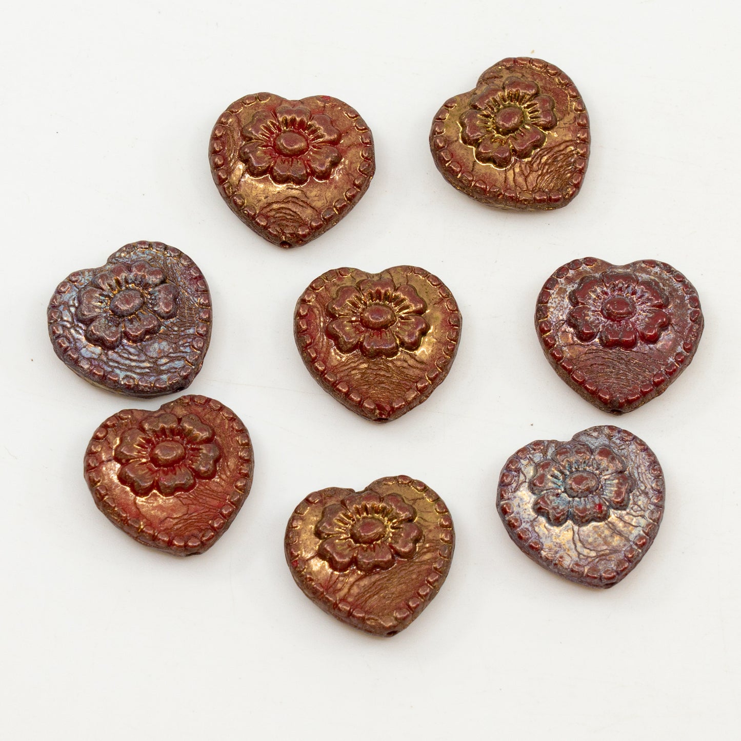アウトレット 10グラム ハートビーズ ローズ付き、17 x 17 mm、不透明レッドゴールドラスター（93200-15870）、ガラス、チェコ共和国