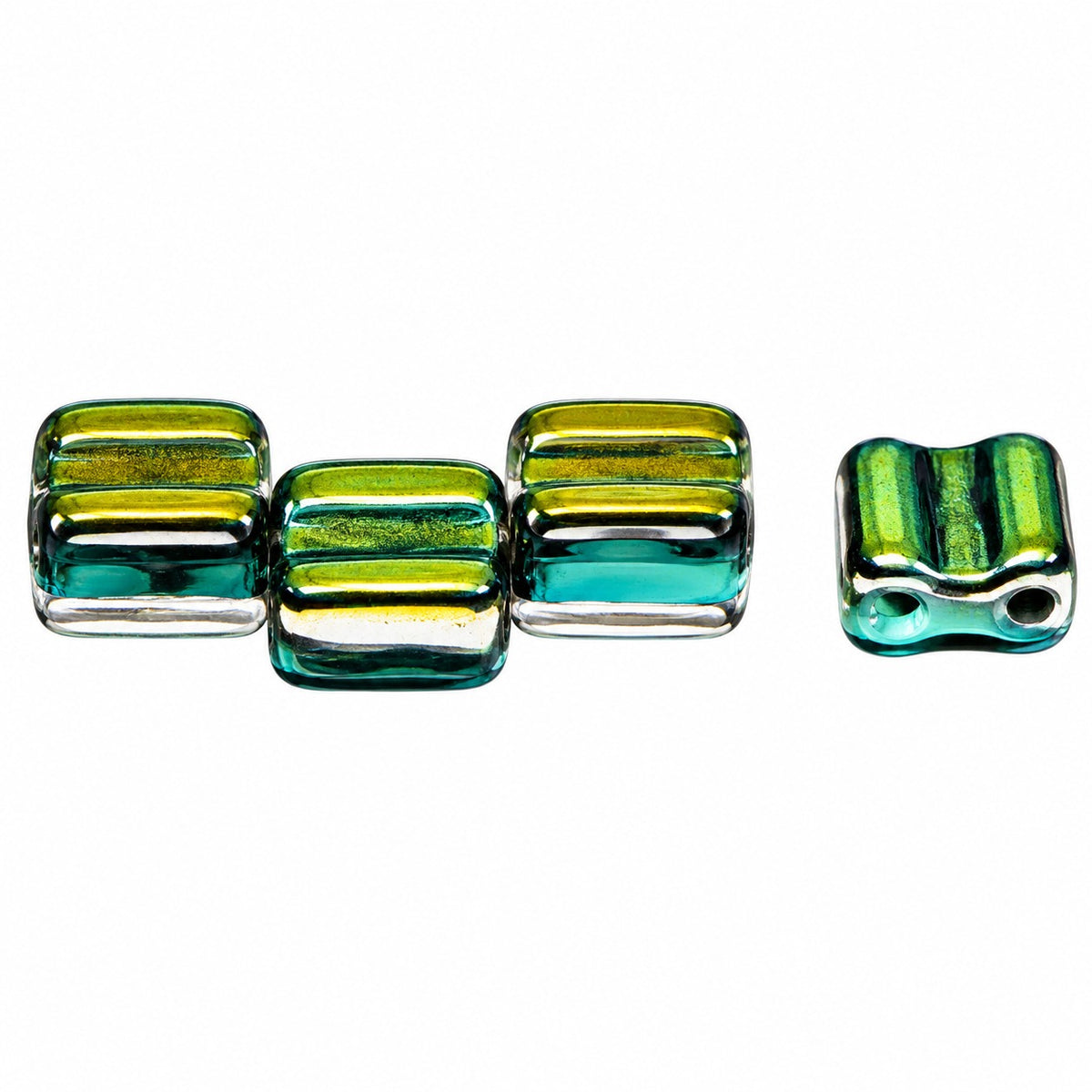 Silky 2-Hole Square Beads, Turquise Crystal Vitrail Medium Coating (63120-28101), Glass, Czech Republic