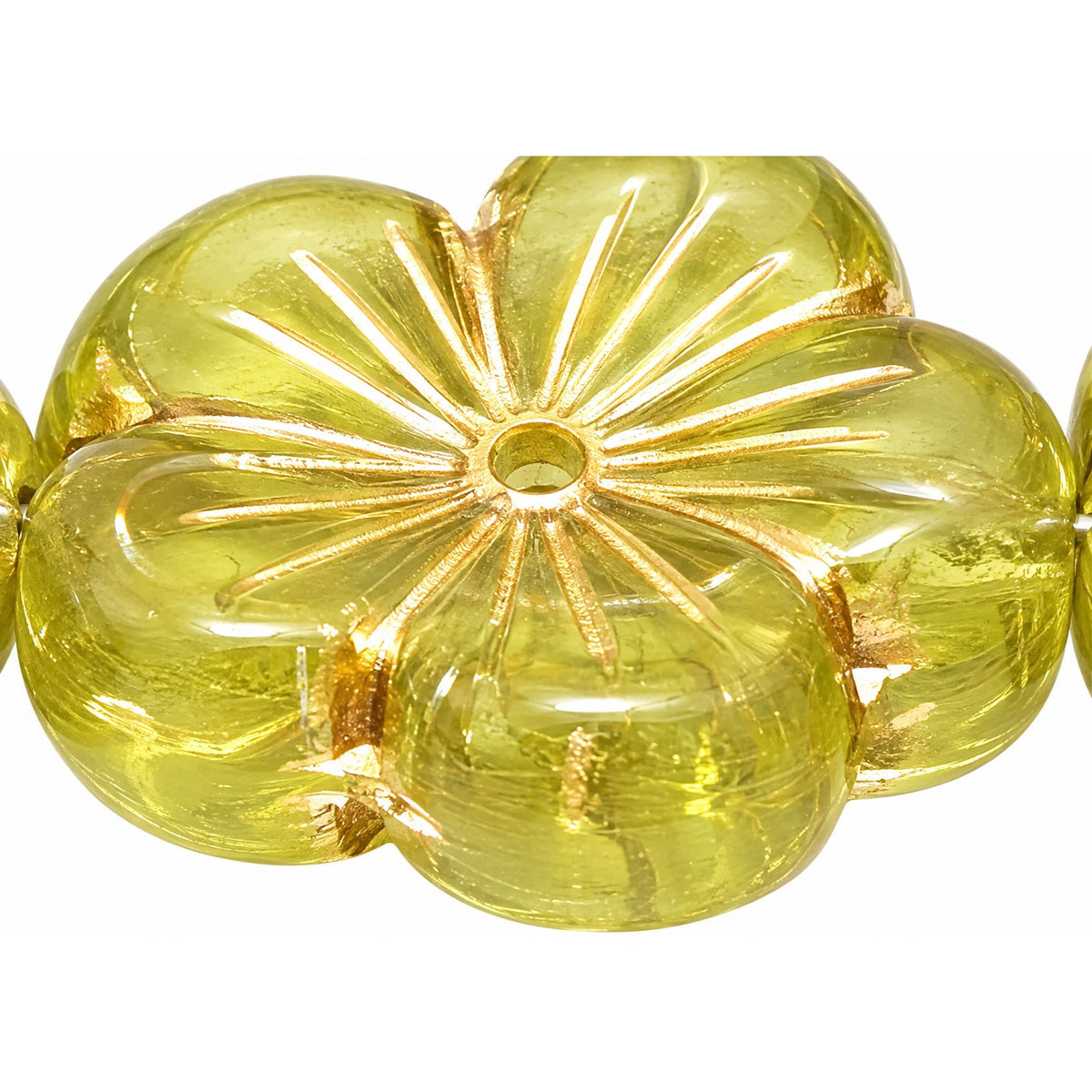 Pressed Hibiskus Flower Beads, Transparent Green Gold Lined (50200-54202), Glass, Czech Republic