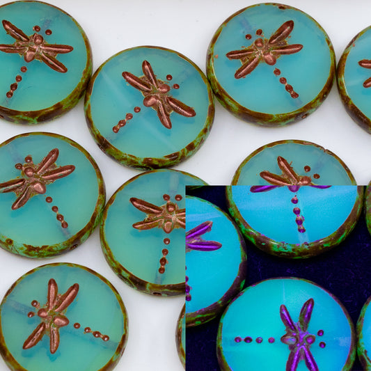 OUTLET 250g/50g Table Cut Dragonfly Beads, 17 x 17 mm, Opal Aqua Travertin Copper Lined (61100-86800-54319), Glass, Czech Republic
