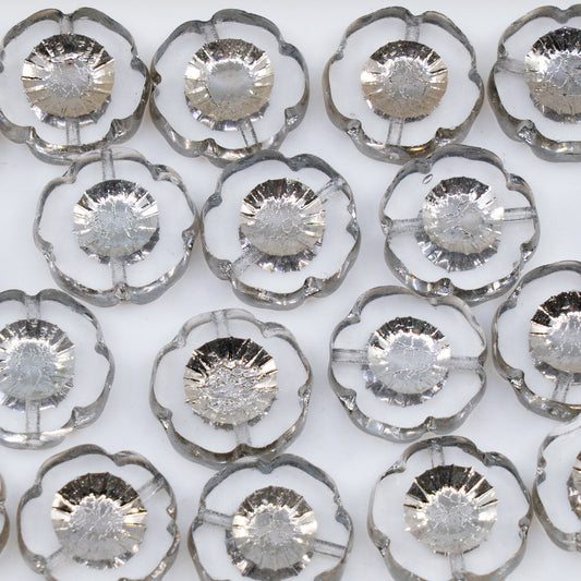 OUTLET 250g/50g Table Cut Hawaii Flower Beads, 14 x 14 mm, Crystal Chrome 2X (00030-chrome-2x), Glass, Czech Republic