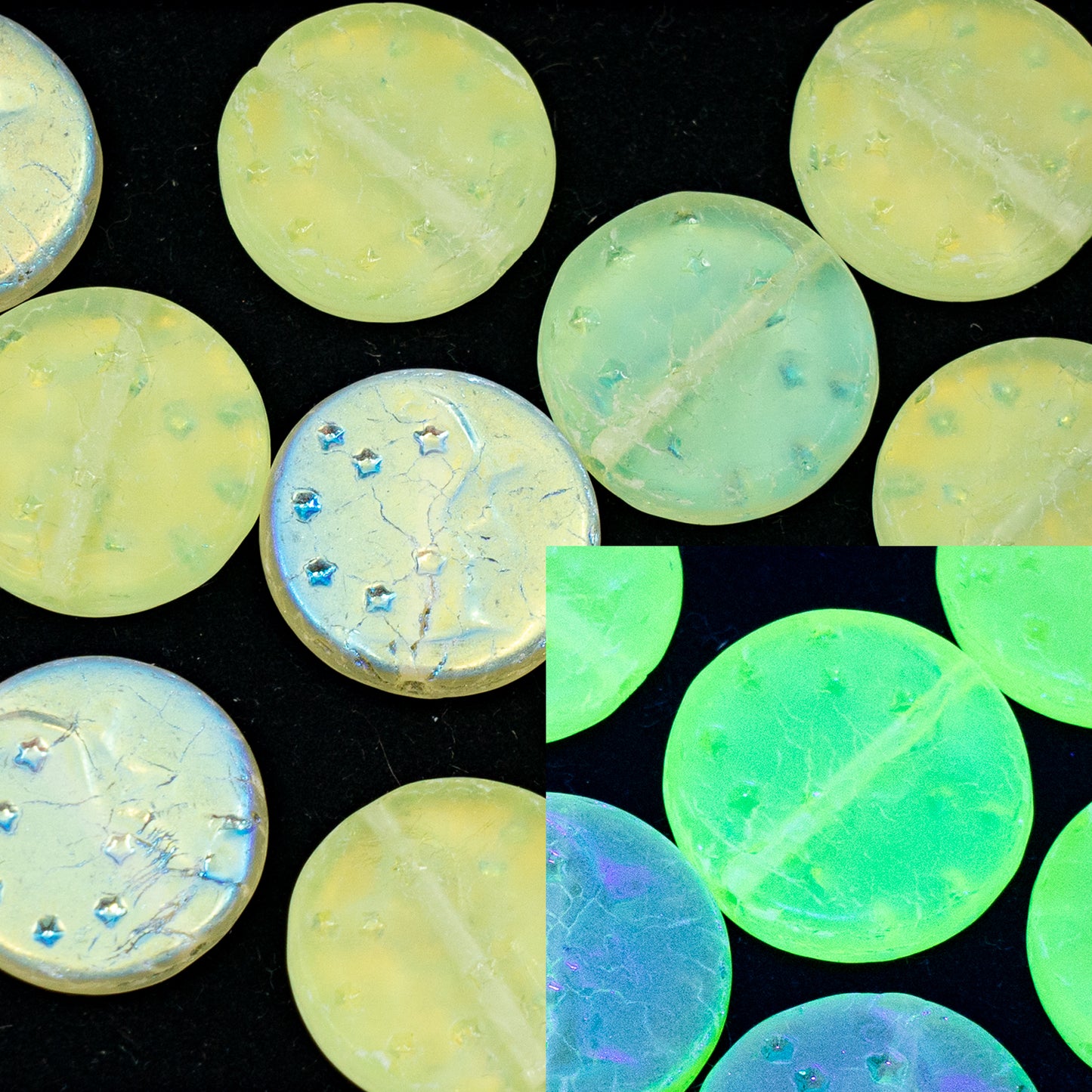 OUTLET 250g/50g Coin Beads With Moon, 16 x 16 mm, Transparent Yellow Matte Ab (80130-84100-28701), Glass, Czech Republic