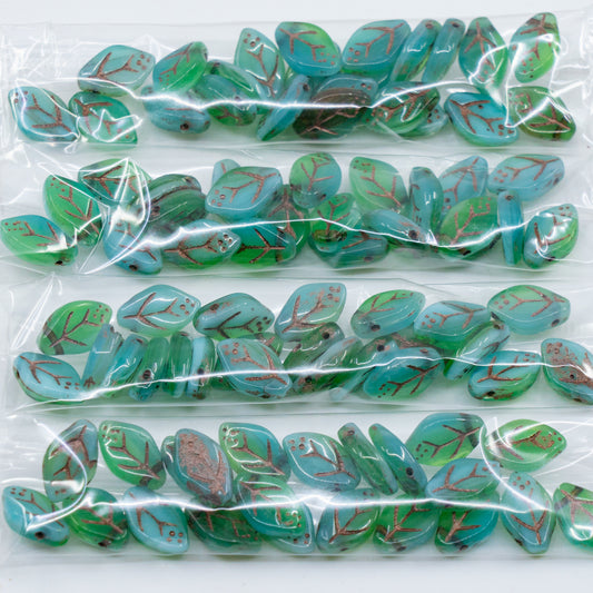 OUTLET 10 grams Cherry Leaf Beads, 6 x 10 mm, Green Blue Mix, Glass, Czech Republic