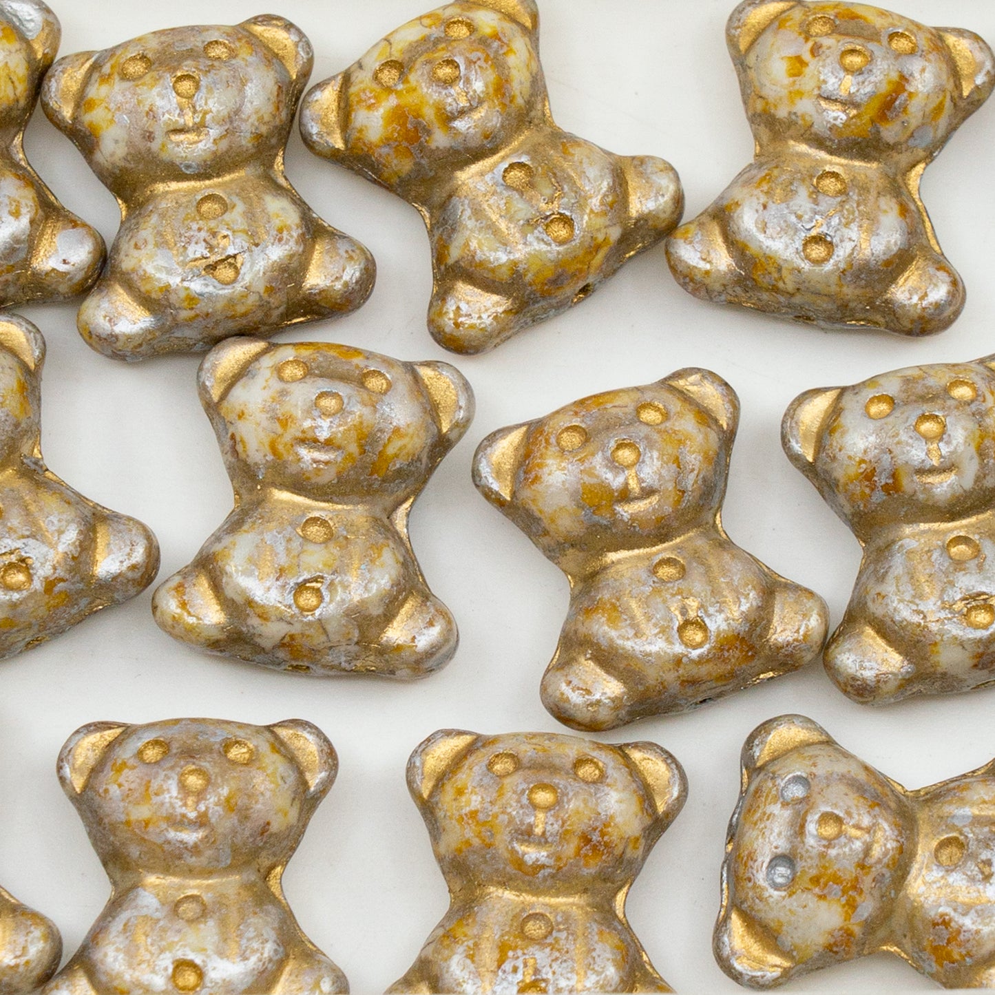 OUTLET 250g/50g Cute Bear Beads, 20 x 9 mm, White Cream Luster Spotted Gold Lined (02010-65321-54302), Glass, Czech Republic