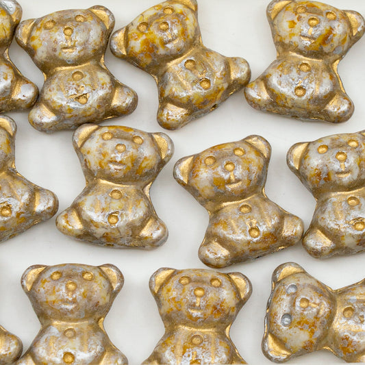 OUTLET 250g/50g Cute Bear Beads, 20 x 9 mm, White Cream Luster Spotted Gold Lined (02010-65321-54302), Glass, Czech Republic