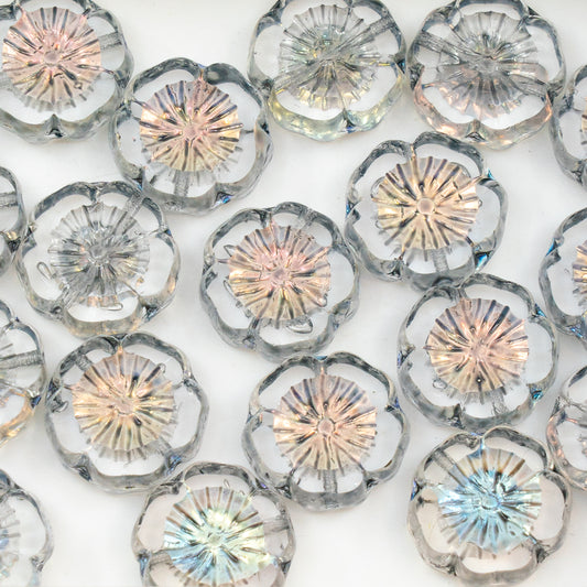 OUTLET 50 grams Table Cut Hawaii Flower Beads, 14 x 14 mm, Crystal Ab Light Gray (00030-28701-34311), Glass, Czech Republic