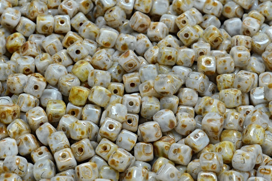 Cube Beads, Chalk White Travertin Pink Beige (03000-86800-34311), Glass, Czech Republic