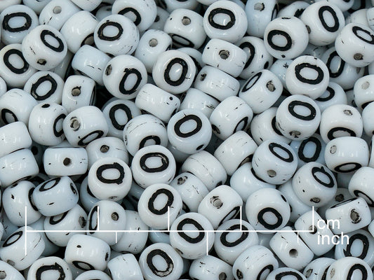 OUTLET 250g Pressed Czech Glass Letter Number Beads, 6 x 6 mm, (o/0 zero), White Black Lined, Glass, Czech Republic