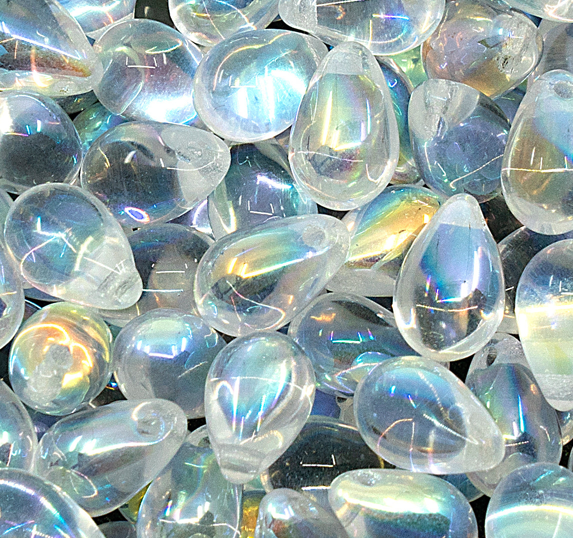 OUTLET 10 grams Drop Beads, 6 x 9 mm, Crystal Ab (00030-28701), Glass, Czech Republic