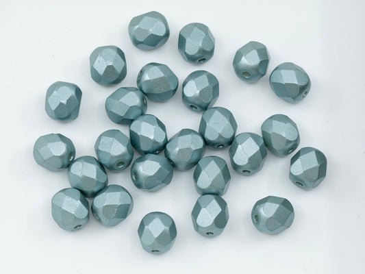 Facted Fire Polish Round Beads Pastel Blue Silver (25520), Glass, Czech Republic