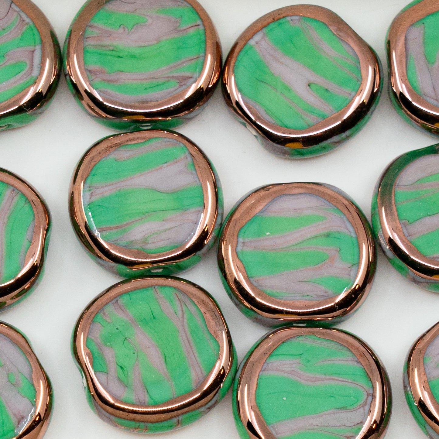 OUTLET 1 pc Handmade Lampwork Beads (flat coin), 18 x 18 mm, Green Purple Striped B (53000-23040-b), Glass, Czech Republic