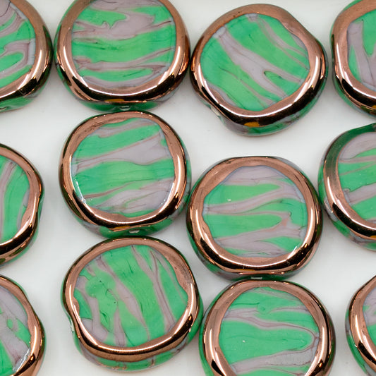 OUTLET 1 pc Handmade Lampwork Beads (flat coin), 18 x 18 mm, Green Purple Striped B (53000-23040-b), Glass, Czech Republic
