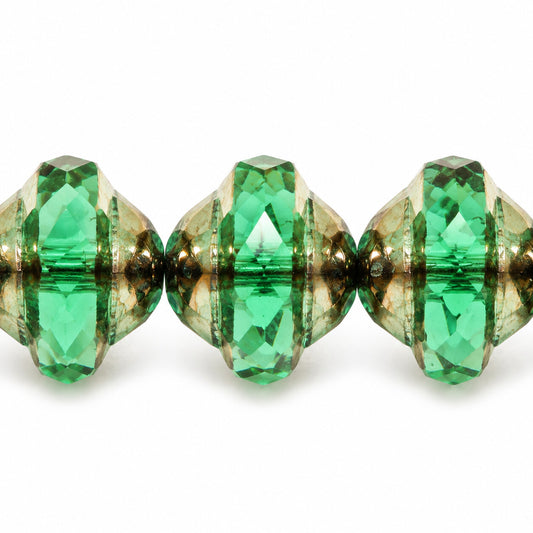 Faceted Special Cut Beads Ufo, Transparent Green Emerald Bronze (50650-14415), Glass, Czech Republic