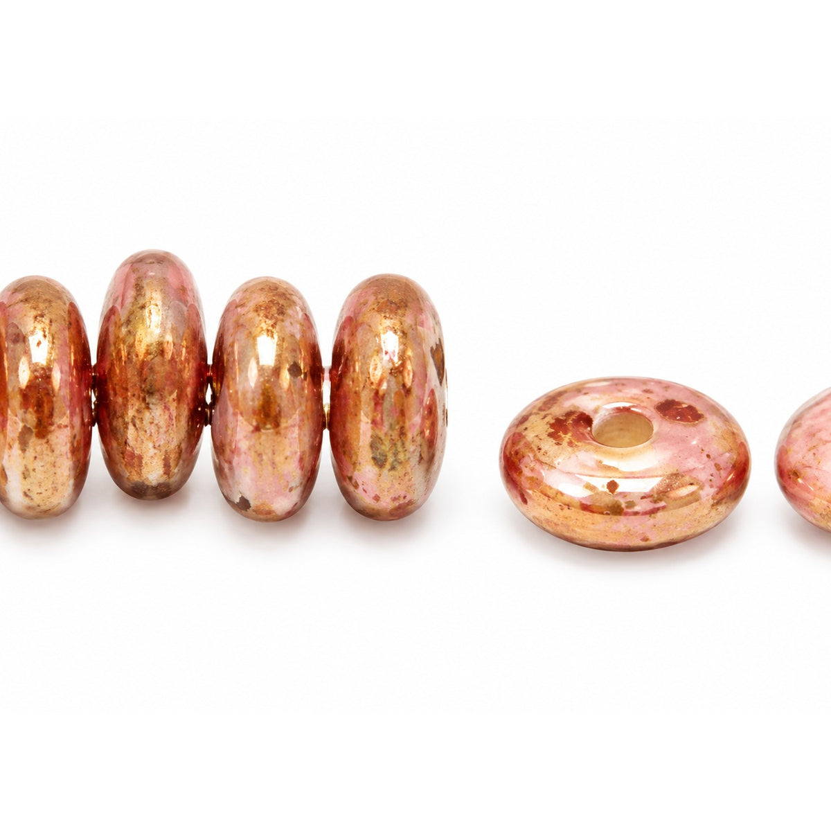 Donuts And Discs 2-Hole Pressed Beads, White Stain With Luster Red (2010-65491), Glass, Czech Republic