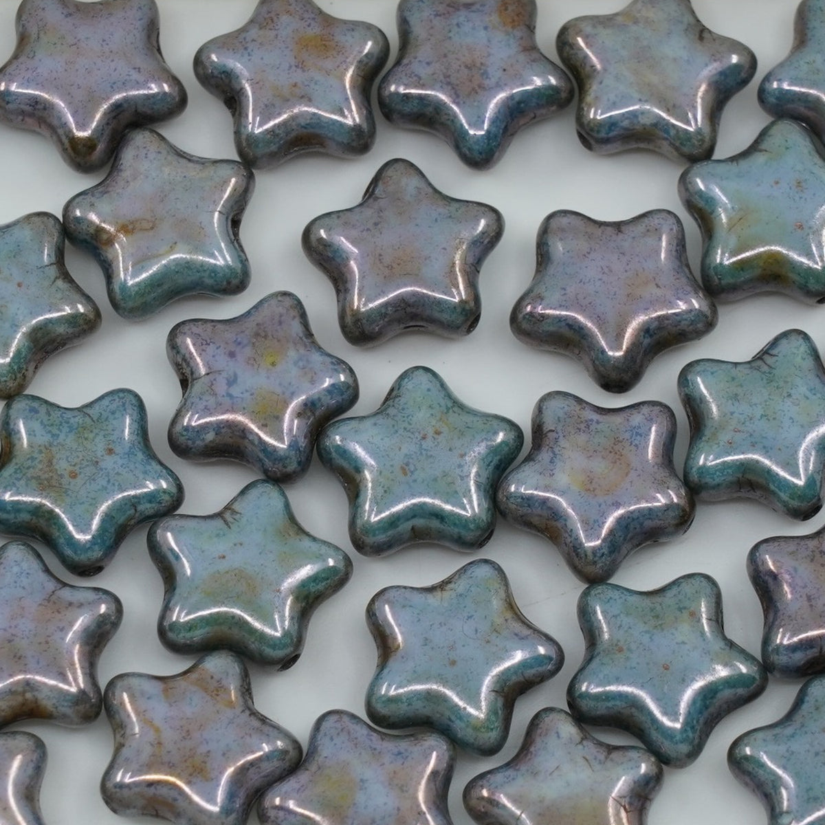 OUTLET 250g/50g Flat Star Beads, 12 x 12 mm, White Opal Stain With Luster Blue (02020-65431), Glass, Czech Republic