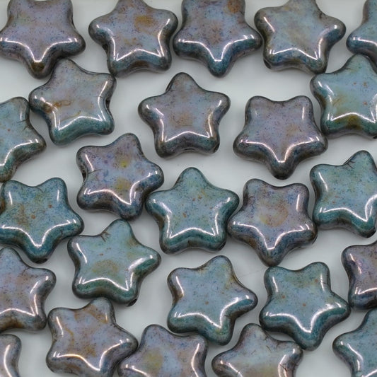 OUTLET 250g/50g Flat Star Beads, 12 x 12 mm, White Opal Stain With Luster Blue (02020-65431), Glass, Czech Republic