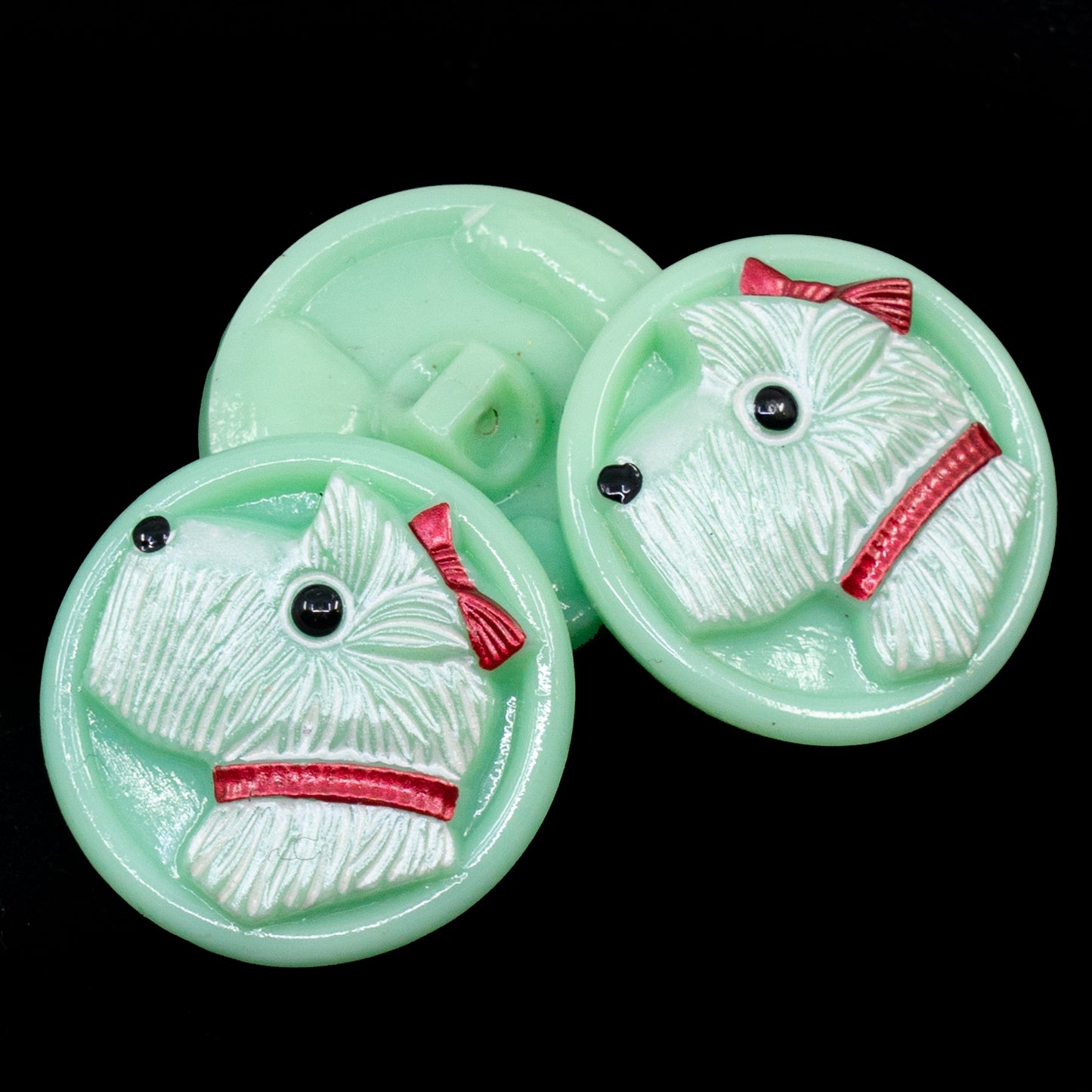 OUTLET 1 pcs Czech Glass Handmade Button, Size 10 (22.5 mm), 17 Green Glass Red Design (), Glass, Czech Republic