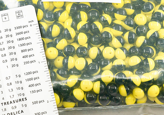 OUTLET 250g Round Pressed Druck Beads pokeball, 8 x 8 mm, Bright Yellow Black (831300-23980), Glass, Czech Republic