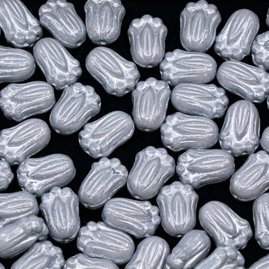 OUTLET 250g/50g Tulip Bud Beads, 10 x 8 mm, White Luster Blue Full Coated Silver Lined (02010-14464-54301), Glass, Czech Republic