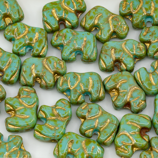 OUTLET 250g Small Elephant Beads, 15 x 11 mm, Turquoise Travertin Gold Lined (63130-86800-54302), Glass, Czech Republic